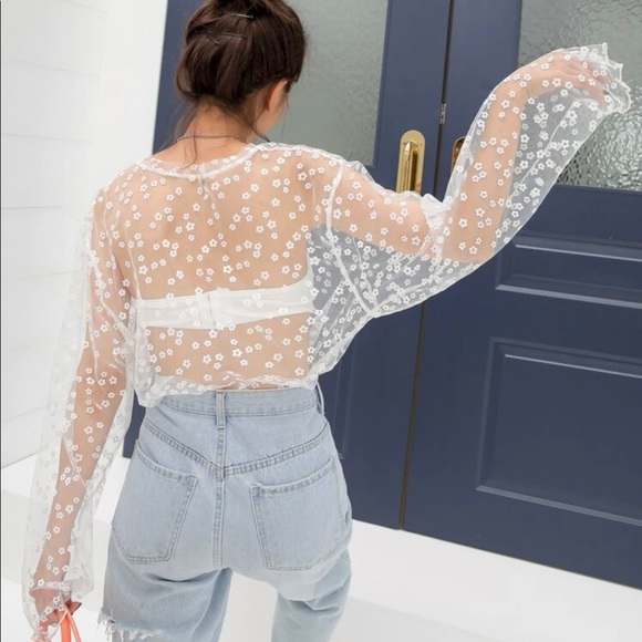 floral sheer mesh long sleeve top. From SHEIN. Brand is DAZY. - Picture 4 of 5